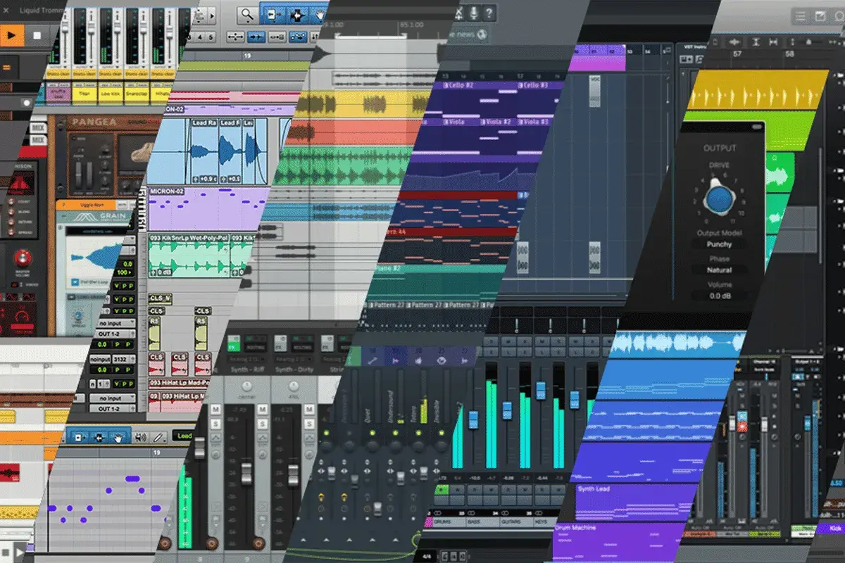 Wielobarwny kolaż ekranów programów muzycznych, ukazujący ścieżki audio, miksery i edytory MIDI.