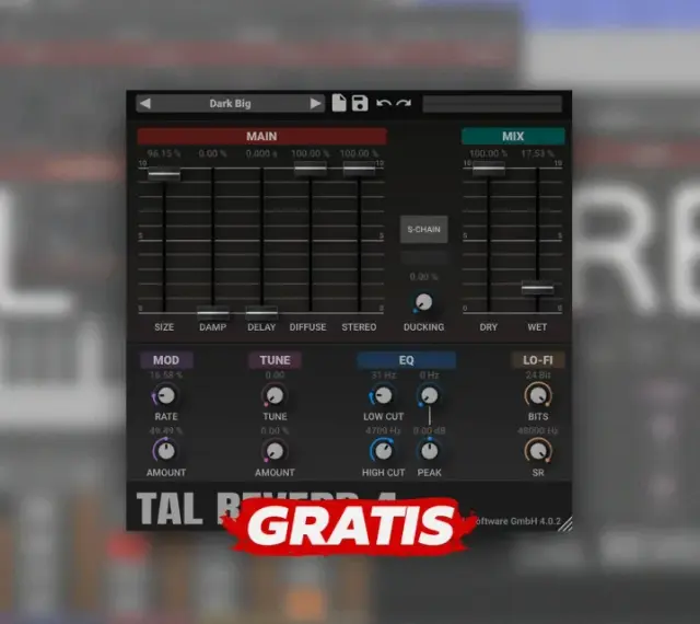 Interfejs wtyczki TAL Reverb 4 z suwakami i pokrętłami do kształtowania dźwięku. Napis "GRATIS" na czerwonym tle.