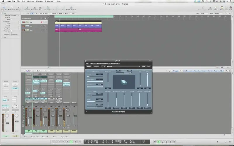 Ustawienia wtyczki PlatinumVerb w Logic Pro pokazują, jak działa reverb, dodając przestrzeni dźwiękom.