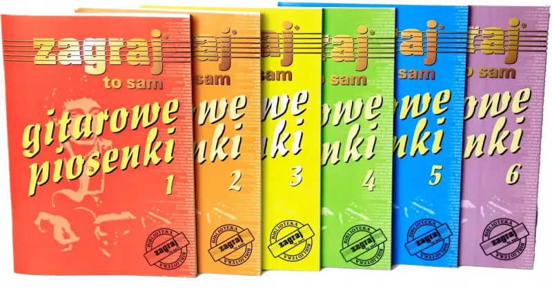 Zbiór zeszytów "Zagraj to sam" z piosenkami dla dzieci na gitarę, numery 1-6.